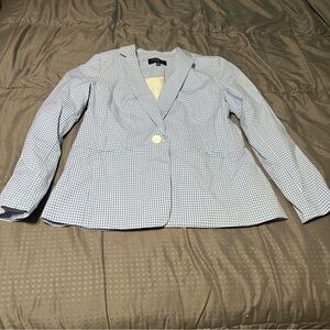 TALBOTS Blazer Gingham Checkered Single Button Jacket Blue White Size 2 2P